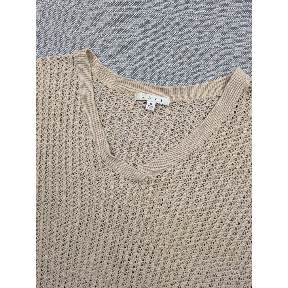CAbi Sweater Womens Small Beige Open Knit V Neck Fringe Hem Boho Crochet